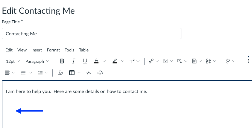 Screenshot of Canvas "Edit Page" window.  A blue arrow points to the location on the page where you want to insert the video.