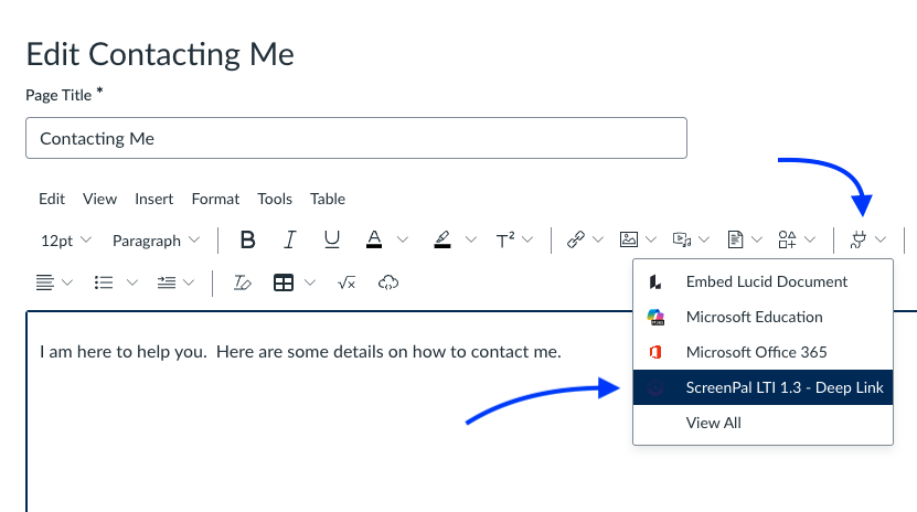 Screenshot of the Canvas "Edit Page" window with an arrow pointing to the icon that resembles a electrical plug, and another arrow that points to "ScreenPal LTI 1.3 Deep Link" from the drop down menu.
