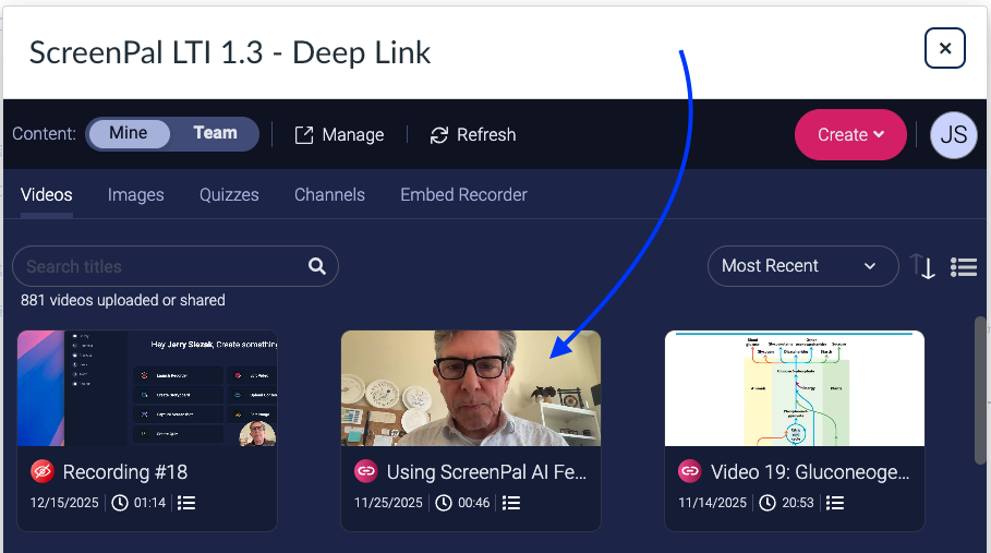 Screenshot of the ScreenPal Library window that opens and a blue arrow points to the video to be inserted.