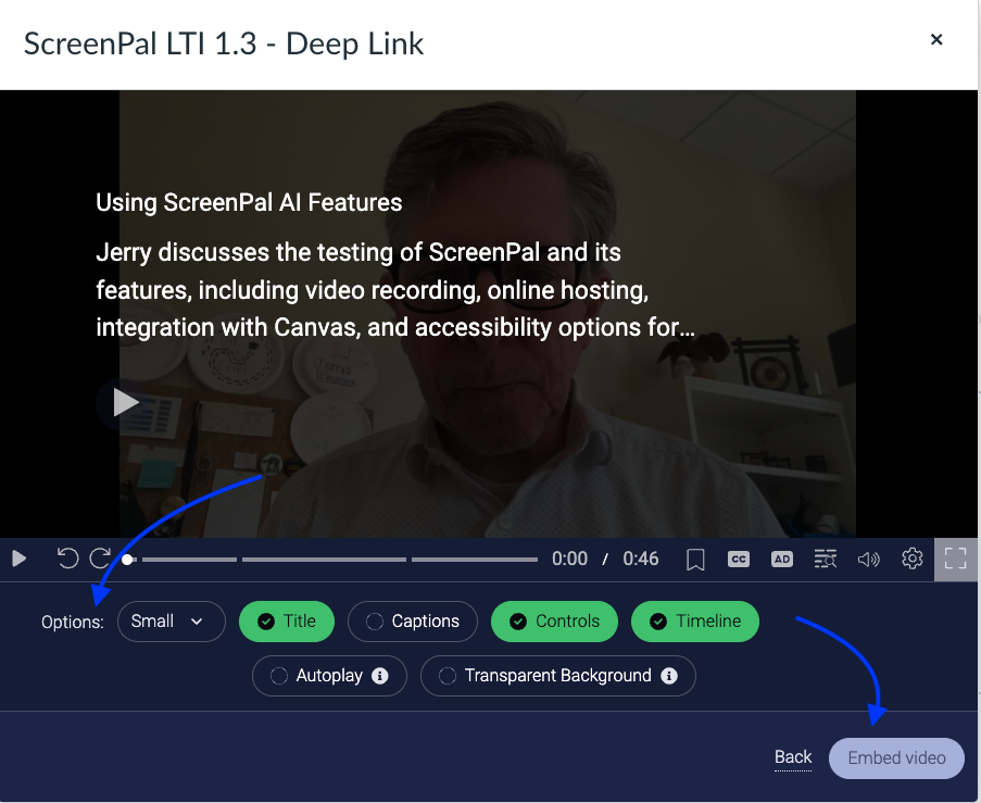 Screenshot of the options for the embedded video, with a blue arrow pointing to the "Options" area, seven options buttons, and a blue arrow pointing to a blue "Embed Video" button