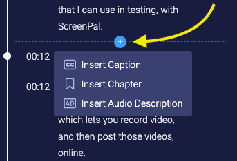 A screenshot that shows the small blue button on the timeline that is in the shape of a circle with a "+" on it.  A yellow arrow points to it.