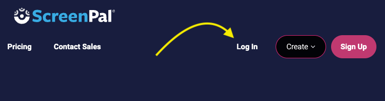 Screenshot of ScreenPal login screen with arrow pointing to Log In button.