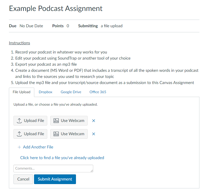 screenshot of an example Canvas podcast assignment