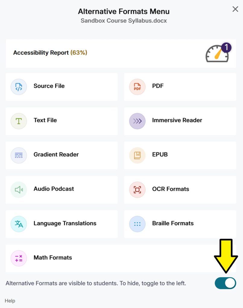 screenshot of alternative formats menu with arrow pointed at toggle that can hide alternative formats
