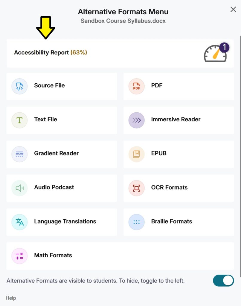 a screenshot of the alternative formats menu with an arrow pointing towards the accessibility report at the top of the menu