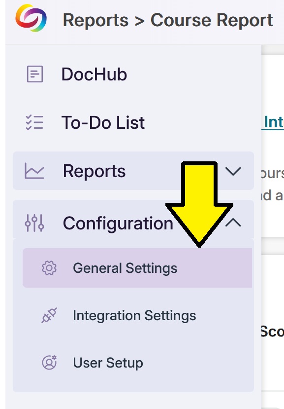 screenshot of configuration menu dropdown with an arrow pointing at general settings