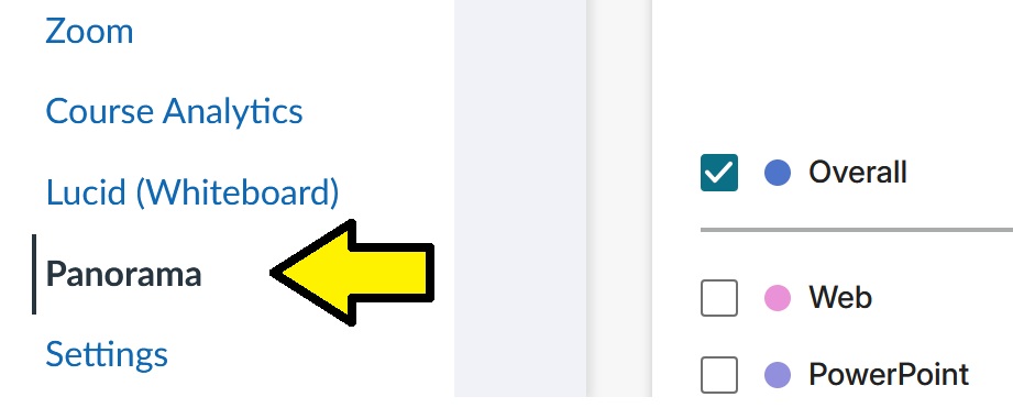 screenshot of Canvas course navigation with an arrow pointed at Panorama link