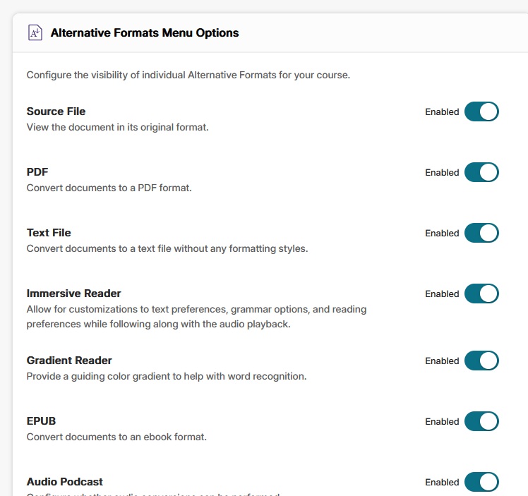 screenshot of some of the alternative format menu options with their toggles enabled